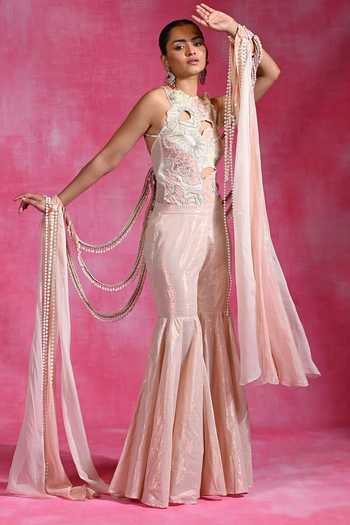 Rishi and Vibhuti Ivory Net, Lycra, Voile Halter Neck Ebony Flow Pant Set With Hand Cape Online at Aza Fashions Rishi and Vibhuti_Ivory Net, Lycra, Voile Halter Neck Ebony Flow Pant Set With Hand Cape _Online_at_Aza_Fashions