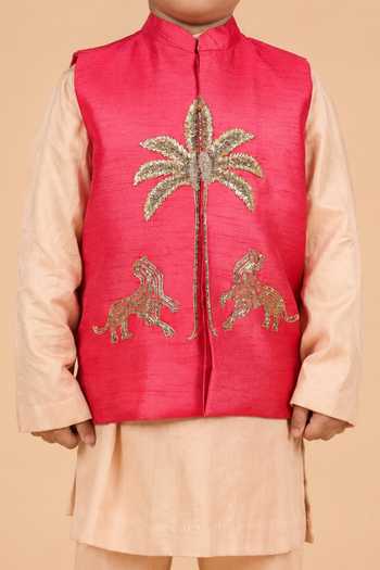 Shop Turqidz By Shweta Aggarwal Red Dupion, Silk, Cotton Satin Embroidery Bundi And Kurta Set Online at Aza Fashions Shop_Turqidz By Shweta Aggarwal_Red Dupion, Silk, Cotton Satin Embroidery Bundi And Kurta Set _Online_at_Aza_Fashions