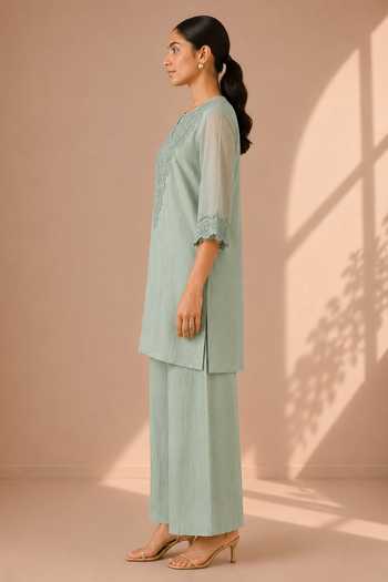Vaaya Green Chanderi Notched Neck Embroidered Kurta And Pant Set Online at Aza Fashions Vaaya_Green Chanderi Notched Neck Embroidered Kurta And Pant Set _Online_at_Aza_Fashions