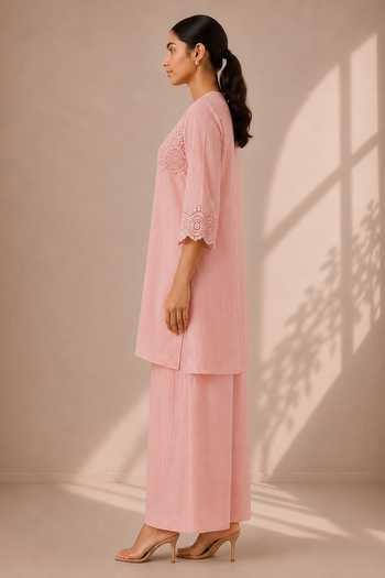 Vaaya Pink Chanderi Round Neck Placement Embroidered Kurta And Pant Set Online at Aza Fashions Vaaya_Pink Chanderi Round Neck Placement Embroidered Kurta And Pant Set _Online_at_Aza_Fashions