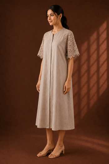 Vaaya Beige Hemp Round Neck Pure A-line Midi Dress Online at Aza Fashions Vaaya_Beige Hemp Round Neck Pure A-line Midi Dress _Online_at_Aza_Fashions