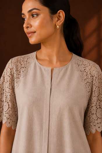 Buy Vaaya Beige Hemp Round Neck Pure A-line Midi Dress Online at Aza Fashions Buy_Vaaya_Beige Hemp Round Neck Pure A-line Midi Dress _Online_at_Aza_Fashions