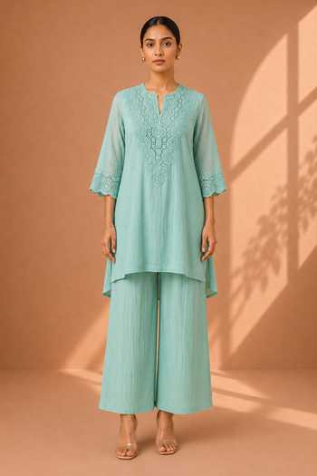 Vaaya Blue Chanderi Split V-neck, Yes Lace Straight Kurta And Pant Set Online at Aza Fashions Vaaya_Blue Chanderi Split V-neck, Yes Lace Straight Kurta And Pant Set _Online_at_Aza_Fashions