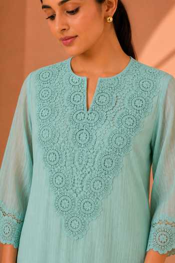 Buy Vaaya Blue Chanderi Split V-neck, Yes Lace Straight Kurta And Pant Set Online at Aza Fashions Buy_Vaaya_Blue Chanderi Split V-neck, Yes Lace Straight Kurta And Pant Set _Online_at_Aza_Fashions