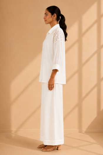 Vaaya White Chanderi Collared Neck Button Down Shirt Online at Aza Fashions Vaaya_White Chanderi Collared Neck Button Down Shirt _Online_at_Aza_Fashions