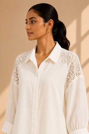 Buy Vaaya White Chanderi Collared Neck Button Down Shirt Online at Aza Fashions Buy_Vaaya_White Chanderi Collared Neck Button Down Shirt _Online_at_Aza_Fashions