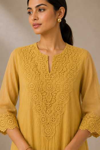 Vaaya Yellow Chanderi Keyhole Neck Mul Straight Kurta And Pant Set Online at Aza Fashions Vaaya_Yellow Chanderi Keyhole Neck Mul Straight Kurta And Pant Set _Online_at_Aza_Fashions