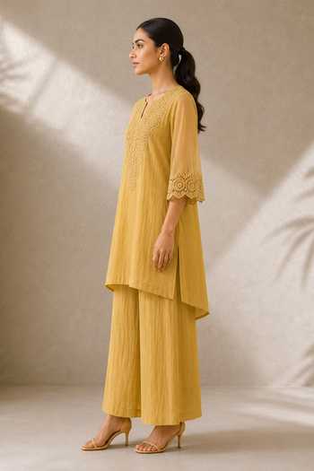 Buy Vaaya Yellow Chanderi Keyhole Neck Mul Straight Kurta And Pant Set Online at Aza Fashions Buy_Vaaya_Yellow Chanderi Keyhole Neck Mul Straight Kurta And Pant Set _Online_at_Aza_Fashions