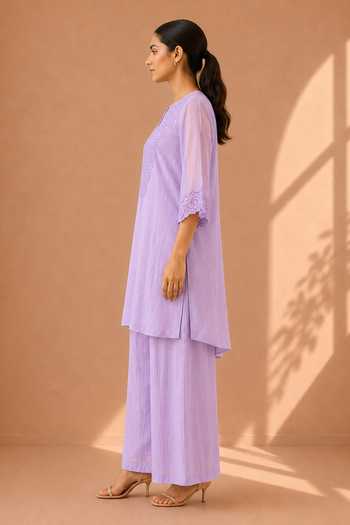 Vaaya Purple Chanderi Split V-neck Lace Work Kurta And Pant Set Online at Aza Fashions Vaaya_Purple Chanderi Split V-neck Lace Work Kurta And Pant Set _Online_at_Aza_Fashions
