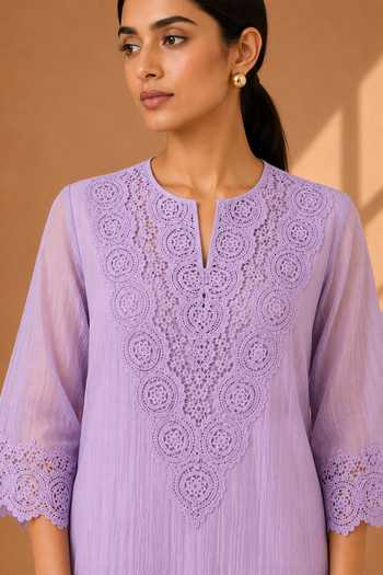 Buy Vaaya Purple Chanderi Split V-neck Lace Work Kurta And Pant Set Online at Aza Fashions Buy_Vaaya_Purple Chanderi Split V-neck Lace Work Kurta And Pant Set _Online_at_Aza_Fashions