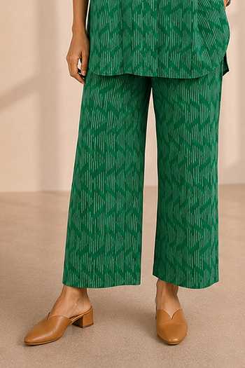 Shop_Vaaya_Green Split V-neck Fern Handwoven Ikat Kurta And Pant Set _Online_at_Aza_Fashions