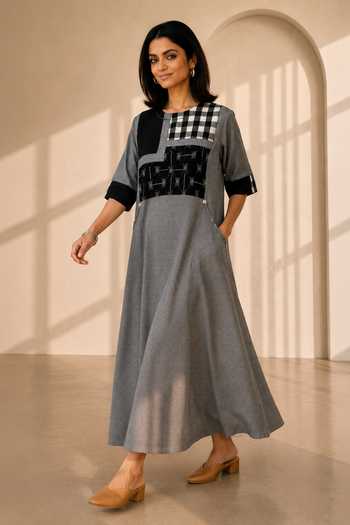 Vaaya Grey Round Neck Mono Handwoven Dress Online at Aza Fashions Vaaya_Grey Round Neck Mono Handwoven Dress _Online_at_Aza_Fashions