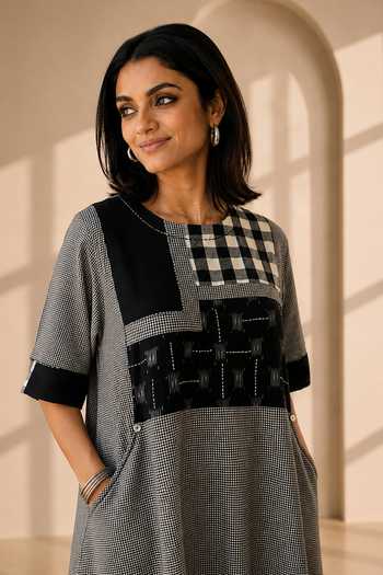 Buy Vaaya Grey Round Neck Mono Handwoven Dress Online at Aza Fashions Buy_Vaaya_Grey Round Neck Mono Handwoven Dress _Online_at_Aza_Fashions