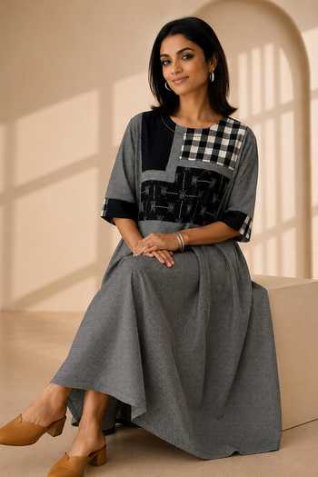 Shop Vaaya Grey Round Neck Mono Handwoven Dress Online at Aza Fashions Shop_Vaaya_Grey Round Neck Mono Handwoven Dress _Online_at_Aza_Fashions
