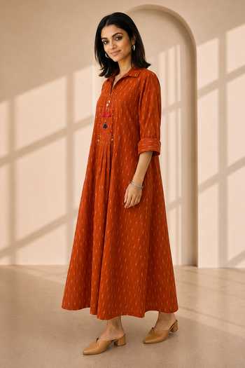 Shop Vaaya Orange Collared Neck Sienna Handwoven Ikat Midi Dress Online at Aza Fashions Shop_Vaaya_Orange Collared Neck Sienna Handwoven Ikat Midi Dress _Online_at_Aza_Fashions