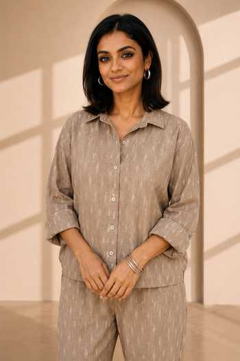 Vaaya_Beige Collared Neck Kyoto Handwoven Ikat Shirt And Pant Set _Online_at_Aza_Fashions