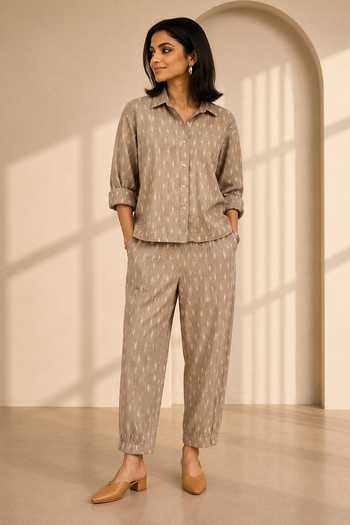 Buy_Vaaya_Beige Collared Neck Kyoto Handwoven Ikat Shirt And Pant Set _Online_at_Aza_Fashions