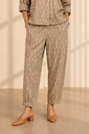 Shop_Vaaya_Beige Collared Neck Kyoto Handwoven Ikat Shirt And Pant Set _Online_at_Aza_Fashions
