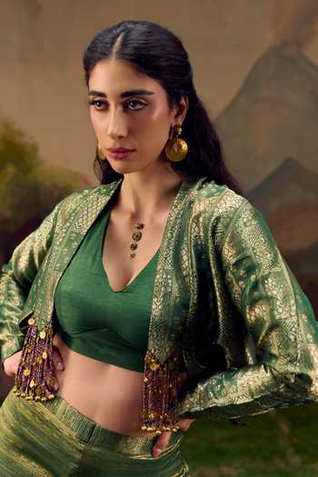 Muskann Kapadiaa Olive Green Brocade Mandarin Collar, V-neck Malhar Woven Jacket Palazzo Set Online at Aza Fashions Muskann Kapadiaa_Olive Green Brocade Mandarin Collar, V-neck Malhar Woven Jacket Palazzo Set _Online_at_Aza_Fashions