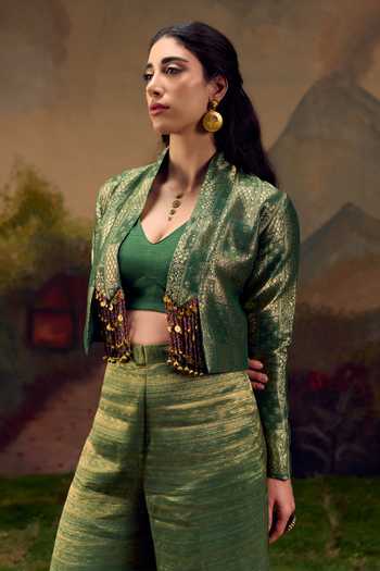 Shop Muskann Kapadiaa Olive Green Brocade Mandarin Collar, V-neck Malhar Woven Jacket Palazzo Set Online at Aza Fashions Shop_Muskann Kapadiaa_Olive Green Brocade Mandarin Collar, V-neck Malhar Woven Jacket Palazzo Set _Online_at_Aza_Fashions