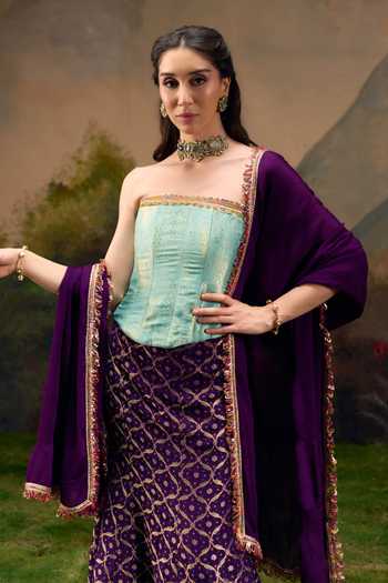 Muskann Kapadiaa Purple Brocade Tassels Bandeau Neck Reet Woven Lehenga Set Online at Aza Fashions Muskann Kapadiaa_Purple Brocade Tassels Bandeau Neck Reet Woven Lehenga Set _Online_at_Aza_Fashions