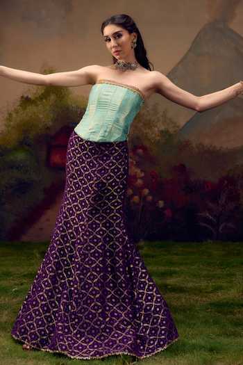 Buy Muskann Kapadiaa Purple Brocade Tassels Bandeau Neck Reet Woven Lehenga Set Online at Aza Fashions Buy_Muskann Kapadiaa_Purple Brocade Tassels Bandeau Neck Reet Woven Lehenga Set _Online_at_Aza_Fashions