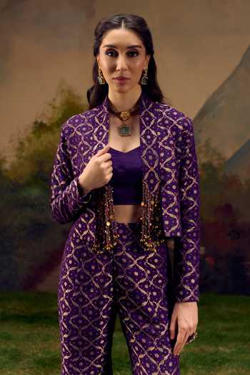 Muskann Kapadiaa Purple Mandarin Collar, V-neck Neelambari Checkered Woven Jacket Set Online at Aza Fashions Muskann Kapadiaa_Purple Mandarin Collar, V-neck Neelambari Checkered Woven Jacket Set _Online_at_Aza_Fashions