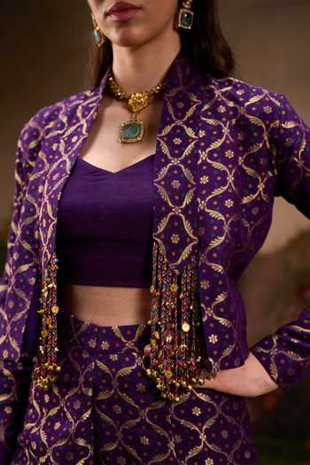 Buy Muskann Kapadiaa Purple Mandarin Collar, V-neck Neelambari Checkered Woven Jacket Set Online at Aza Fashions Buy_Muskann Kapadiaa_Purple Mandarin Collar, V-neck Neelambari Checkered Woven Jacket Set _Online_at_Aza_Fashions