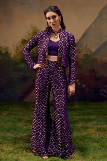 Shop Muskann Kapadiaa Purple Mandarin Collar, V-neck Neelambari Checkered Woven Jacket Set Online at Aza Fashions Shop_Muskann Kapadiaa_Purple Mandarin Collar, V-neck Neelambari Checkered Woven Jacket Set _Online_at_Aza_Fashions