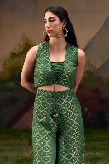 Buy_Muskann Kapadiaa_Olive Green Open Neck, Yuva Woven Jacket Pant Set _Online_at_Aza_Fashions