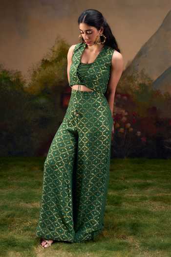 Shop_Muskann Kapadiaa_Olive Green Open Neck, Yuva Woven Jacket Pant Set _Online_at_Aza_Fashions