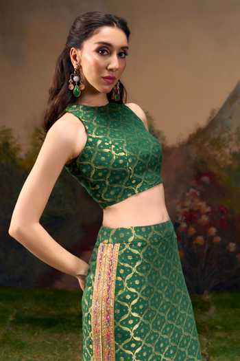 Muskann Kapadiaa_Olive Green High Neck Dhwani Banarasi Woven Top And Skirt Set _Online_at_Aza_Fashions