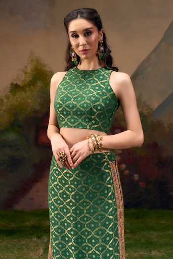 Buy_Muskann Kapadiaa_Olive Green High Neck Dhwani Banarasi Woven Top And Skirt Set _Online_at_Aza_Fashions