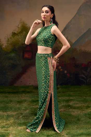 Shop_Muskann Kapadiaa_Olive Green High Neck Dhwani Banarasi Woven Top And Skirt Set _Online_at_Aza_Fashions
