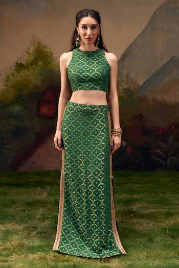 Muskann Kapadiaa_Olive Green High Neck Dhwani Banarasi Woven Top And Skirt Set _at_Aza_Fashions