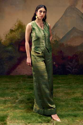 Buy_Muskann Kapadiaa_Olive Green Brocade V-neck Vriksha Banarasi Top And Pant Set _Online_at_Aza_Fashions