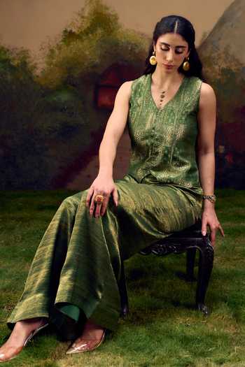 Shop_Muskann Kapadiaa_Olive Green Brocade V-neck Vriksha Banarasi Top And Pant Set _Online_at_Aza_Fashions