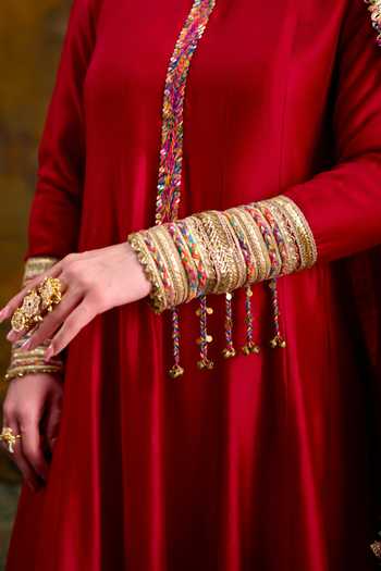 Muskann Kapadiaa_Red Silk, Chanderi Round Neck Bandhan Pure Anarkali Set _Online_at_Aza_Fashions