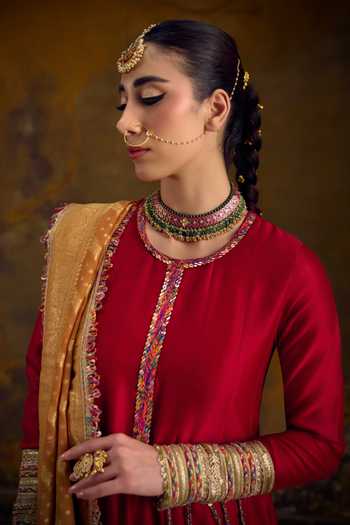 Buy_Muskann Kapadiaa_Red Silk, Chanderi Round Neck Bandhan Pure Anarkali Set _Online_at_Aza_Fashions