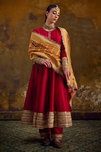 Shop_Muskann Kapadiaa_Red Silk, Chanderi Round Neck Bandhan Pure Anarkali Set _Online_at_Aza_Fashions