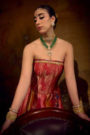 Muskann Kapadiaa Multi Color Brocade Tassels Bandeau Neck Surya Banarasi Lehenga Corset Set Online at Aza Fashions Muskann Kapadiaa_Multi Color Brocade Tassels Bandeau Neck Surya Banarasi Lehenga Corset Set _Online_at_Aza_Fashions