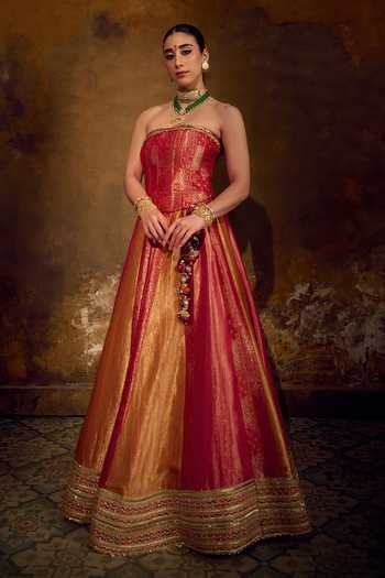 Shop Muskann Kapadiaa Multi Color Brocade Tassels Bandeau Neck Surya Banarasi Lehenga Corset Set Online at Aza Fashions Shop_Muskann Kapadiaa_Multi Color Brocade Tassels Bandeau Neck Surya Banarasi Lehenga Corset Set _Online_at_Aza_Fashions