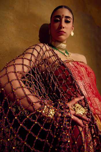 Buy Muskann Kapadiaa Multi Color Brocade Tassels Bandeau Neck Surya Banarasi Lehenga Corset Set Buy_Muskann Kapadiaa_Multi Color Brocade Tassels Bandeau Neck Surya Banarasi Lehenga Corset Set