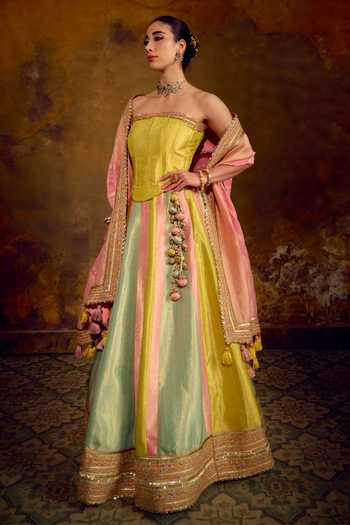 Muskann Kapadiaa_Multi Color Brocade Tassels, Gota Patti Open Indradhanush Banarasi Lehenga Set _Online_at_Aza_Fashions
