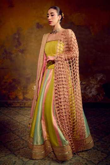 Buy_Muskann Kapadiaa_Multi Color Brocade Tassels, Gota Patti Open Indradhanush Banarasi Lehenga Set _Online_at_Aza_Fashions