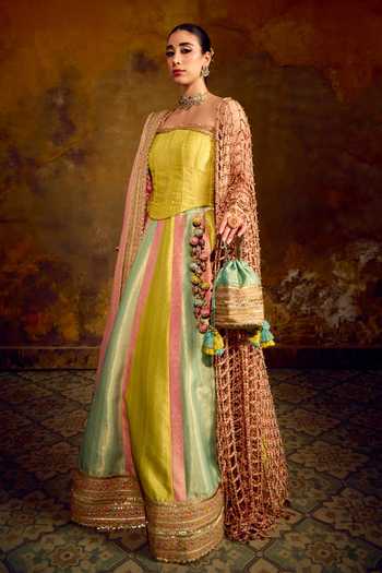 Shop_Muskann Kapadiaa_Multi Color Brocade Tassels, Gota Patti Open Indradhanush Banarasi Lehenga Set _Online_at_Aza_Fashions