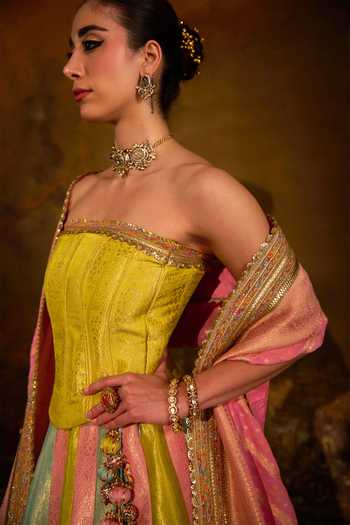 Muskann Kapadiaa_Multi Color Brocade Tassels, Gota Patti Open Indradhanush Banarasi Lehenga Set _at_Aza_Fashions