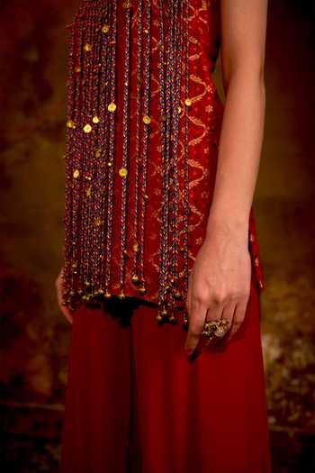 Buy_Muskann Kapadiaa_Red Halter Neck Jwala Tassel Embellished Top And Palazzo Set _Online_at_Aza_Fashions