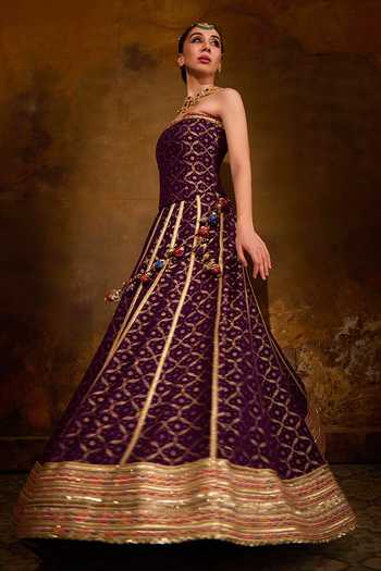 Shop_Muskann Kapadiaa_Purple Lace, Tassels Bandeau Neck Nishtha Banarasi Bandhani Lehenga Set _Online_at_Aza_Fashions