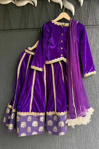 Shop The little tales Purple Cotton, Net, Velvet Embroidered Lehenga Set at Aza Fashions Shop_The little tales_Purple Cotton, Net, Velvet Embroidered Lehenga Set _at_Aza_Fashions